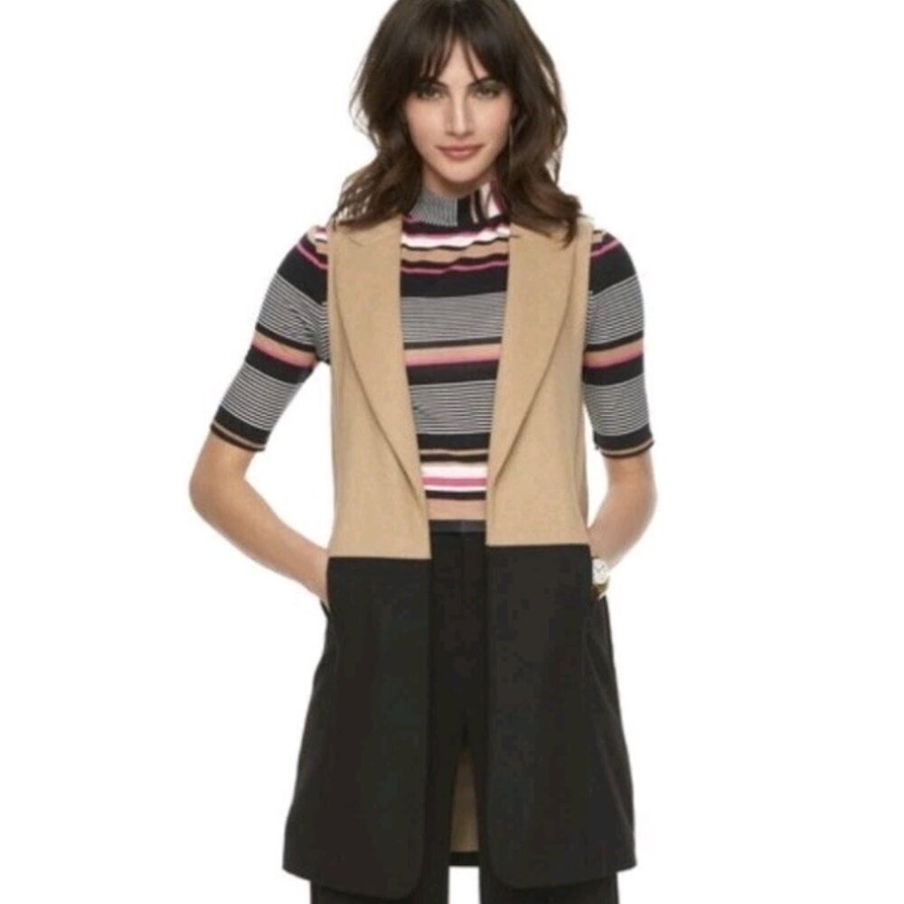 Elle Wool Blend Tan & Black Colorblock Long Vest Size XS